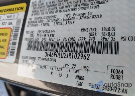 2018 Ford Fusion Hybrid Se z USA, uszkodzony, nr VIN 3FA6P0LU2JR102962